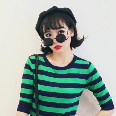 红人馆 619#欧美风条纹短袖圆领休闲t恤打底衫新款女百搭